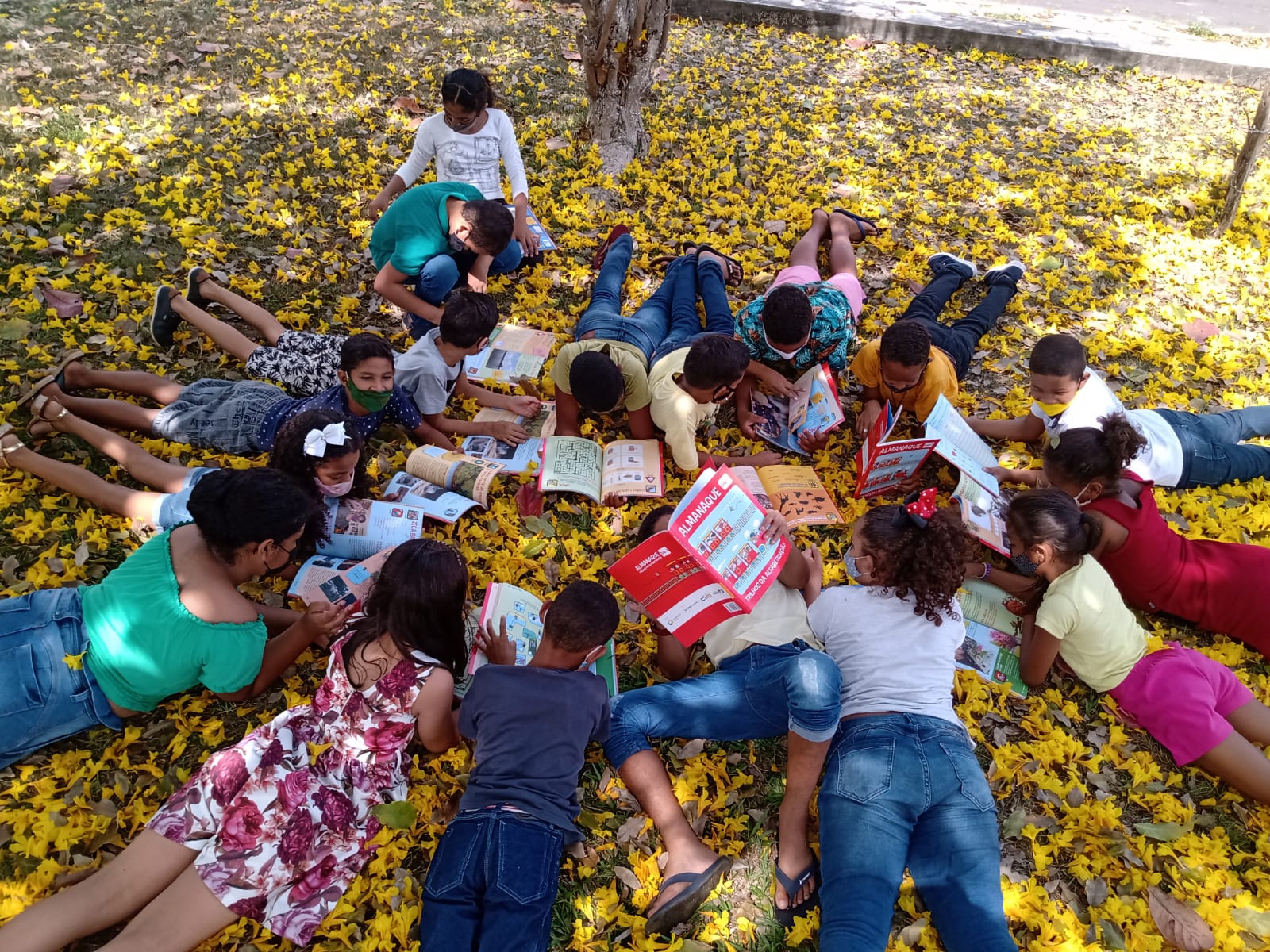 Crianças deitadas sob folhas no chão do jardim conferindo o conteúdo do almanaque.